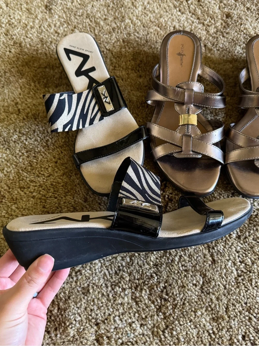 Black + brown Anne Klein Sport heel sandals and gold Jaclyn Smith heel sandals